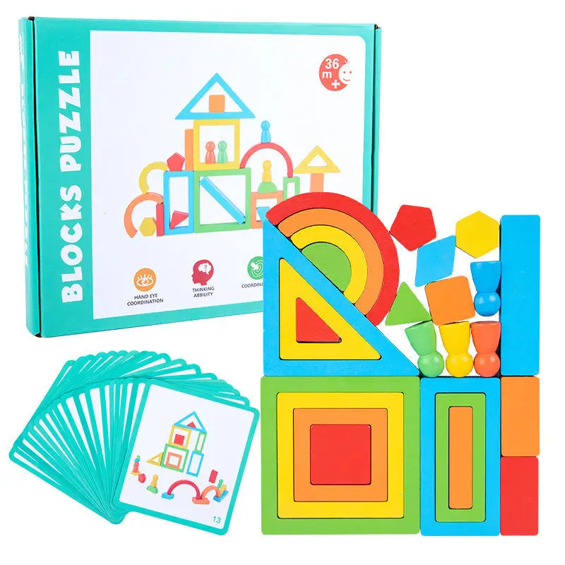 Custom Children Wooden Rainbow DIY Geometry Stacked Building Blocks Puzzle Educational Creative Interesting Toys for Kids
