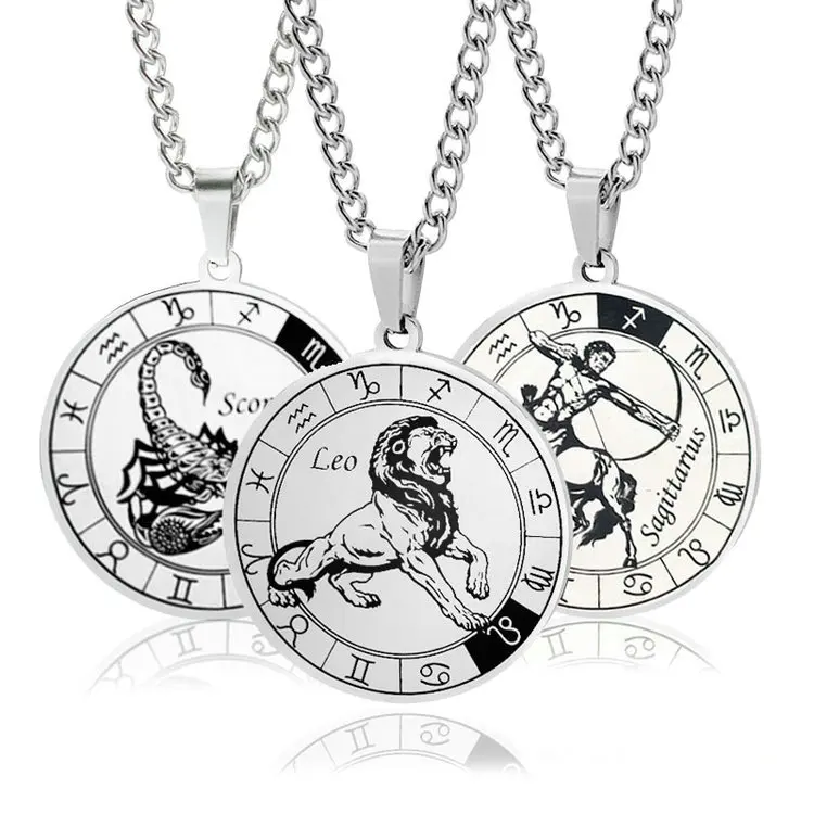 

Wholesale Personality Stainless Steel Pendant Necklaces Zodiac Horoscope Arcana Tarot Card Men Necklace YF2779