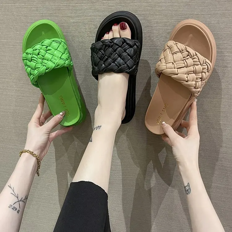 

Women Square Toe Candy Color Flat Slip On Slippers Green Black Weave Upper Summer Beach Slippers Weave Upper Platform Slides