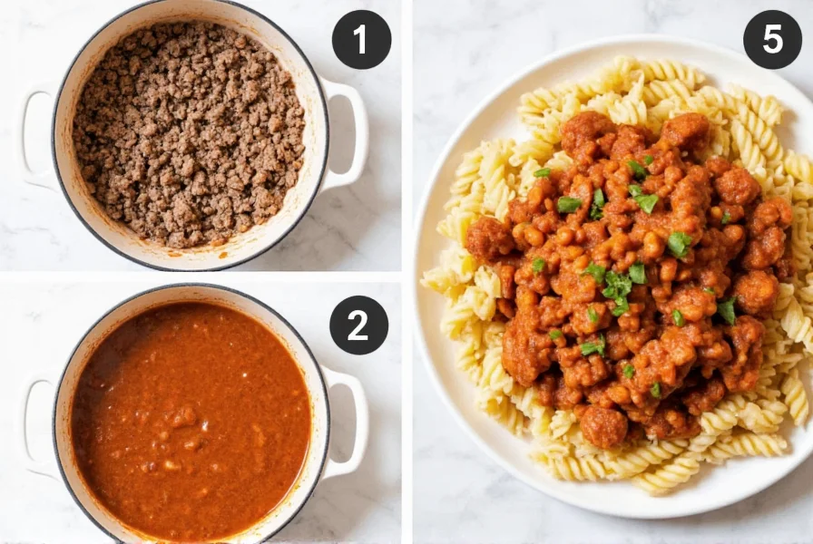 Step-by-step preparation of chili macaroni hamburger helper showing ground beef browning, adding ingredients, and final plated dish