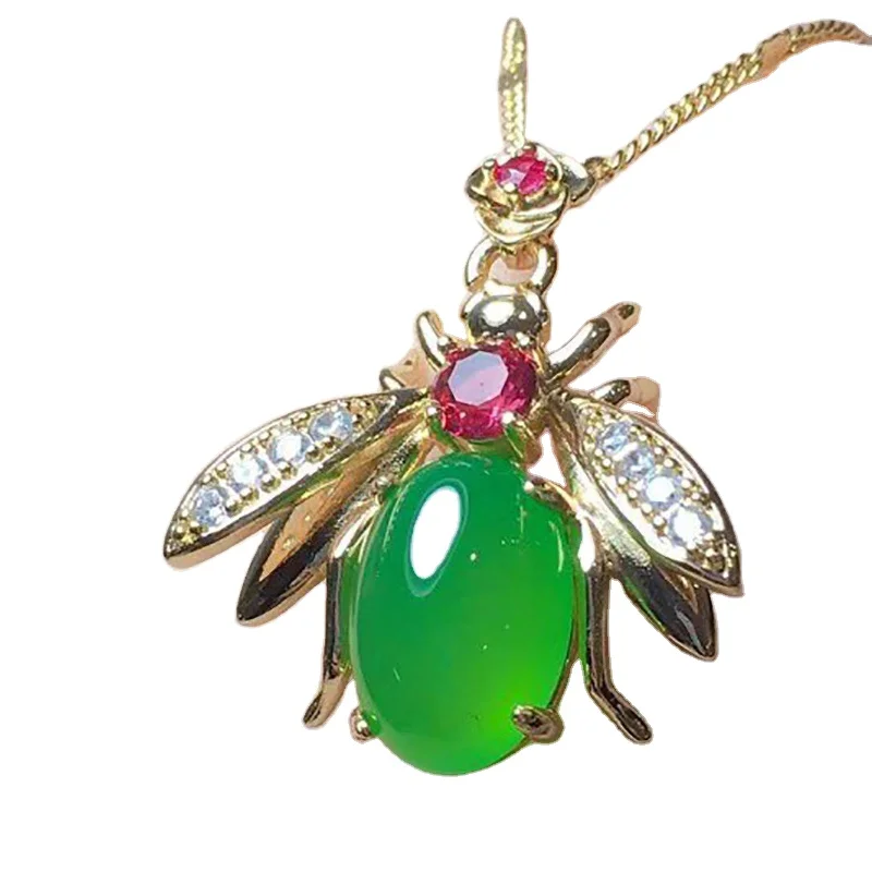 

Golden Inlaid Green Chalcedony Little Bee Pendant Green Chalcedony Agate Jade Pendant Gift