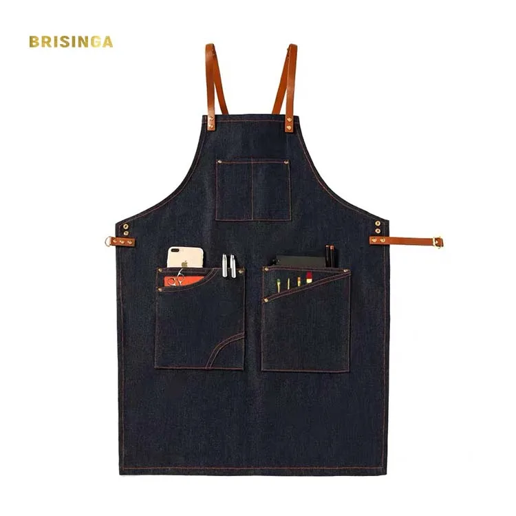 

Blue apron denim waiter apron with leather straps Guangzhou manufacturer designer barber apron, Black/blue