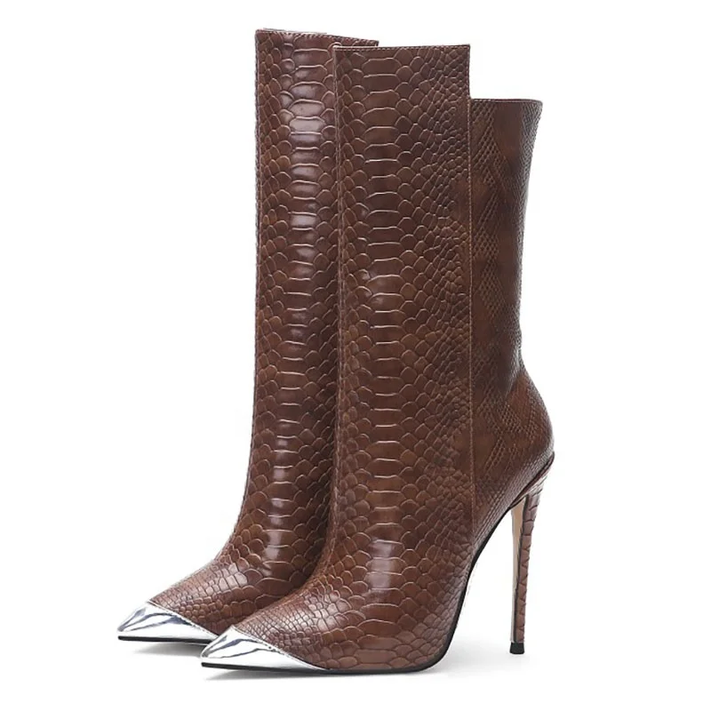
Custom women brown snake leather stiletto high heels pointed boots 