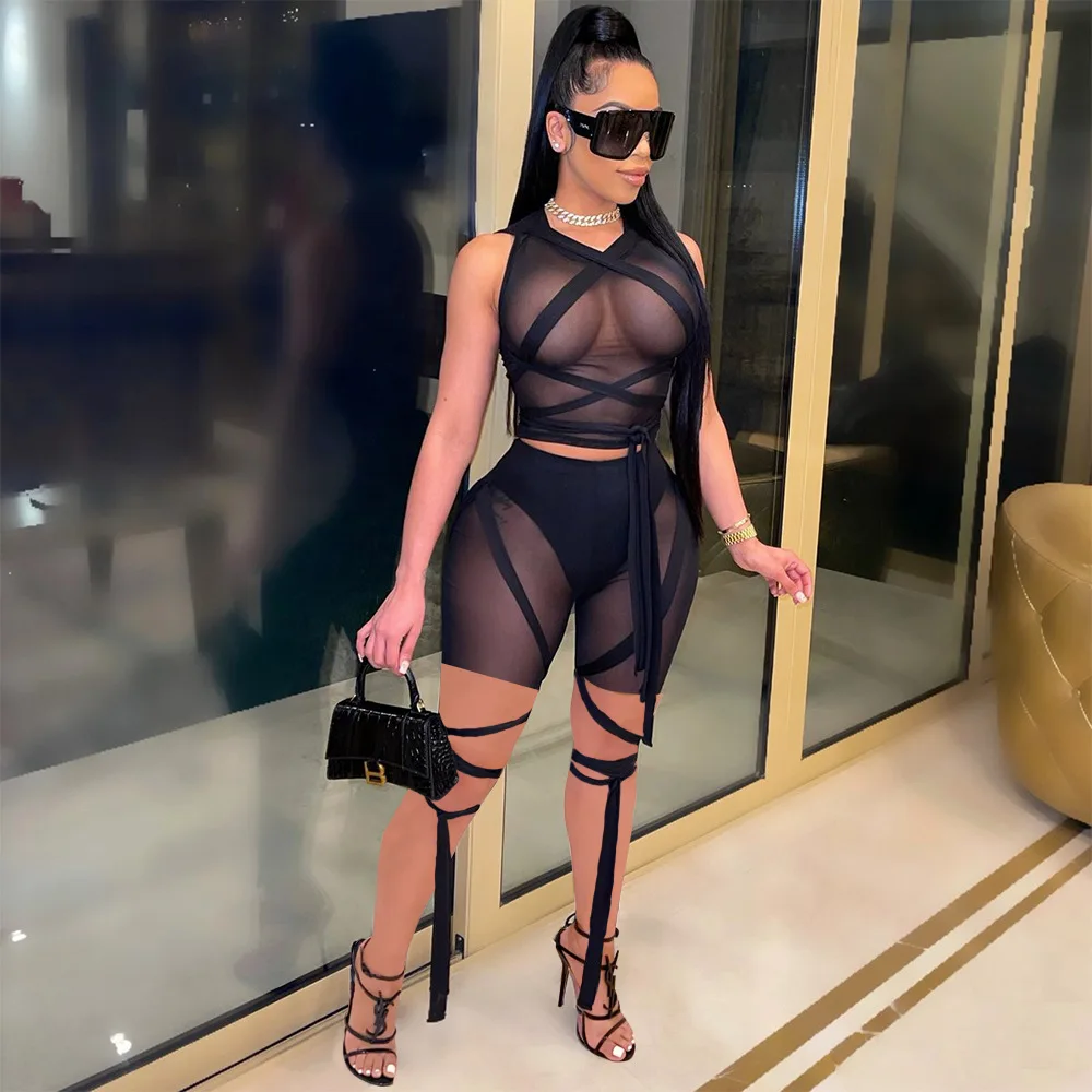 

X02884C Summer Women Two Pieces Sets Tracksuits Crop Tops +Shorts Suits Fitness Sleeveless Bandage Mesh Perspective Outfits, Black