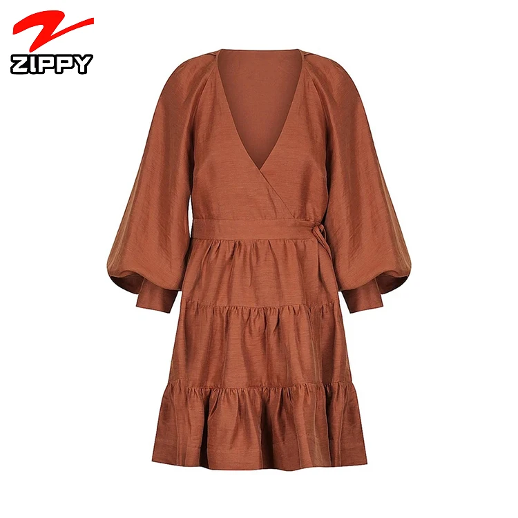 

2021spring wholesale high quality Balloon sleeve with shirt cuff Multi layer mini wrap linen dress, Customized color