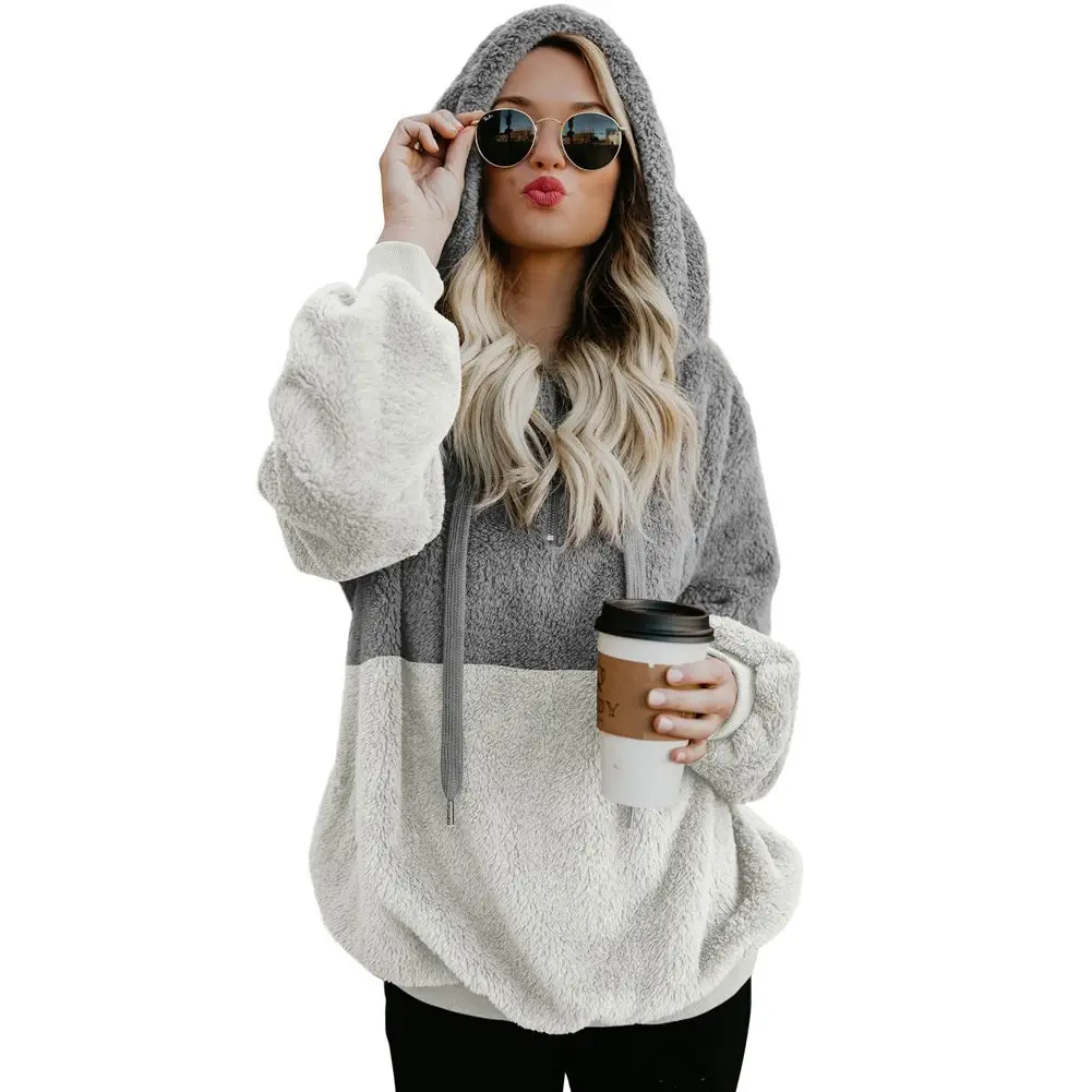 

OEM Gray White Colorblock Furry Women's Hoodie, Customized