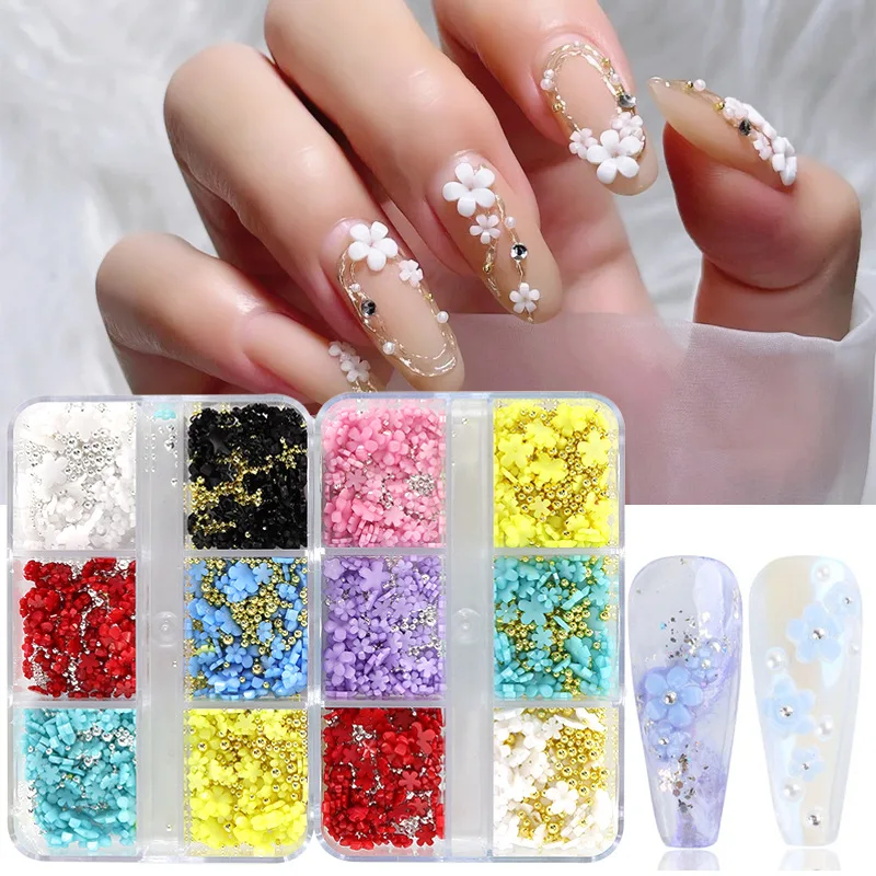 

Mixed Size Pearl Gold Beads Metal 3D Nail Art Charms Crystal Rhinestones Colorful Resin 3D Flower For Nail