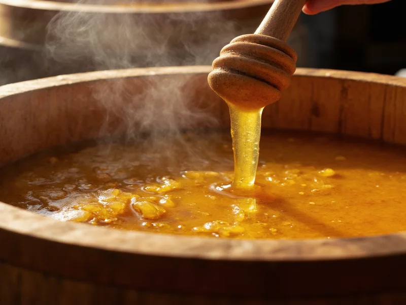 Artisan stirring honey mixture in oak fermentation vessel