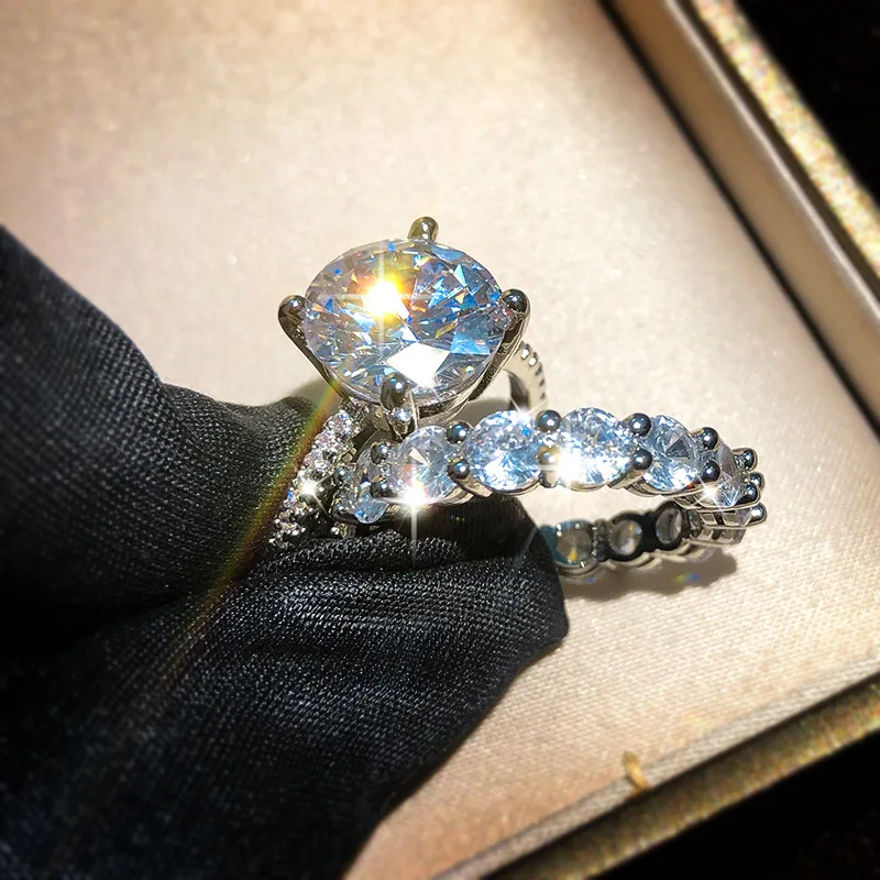 

Fashion Jewelry High Quality Wholesale KYRA01129 CZ Rings Elegant Vintage 3A zircon Rings Sets for women, Silver