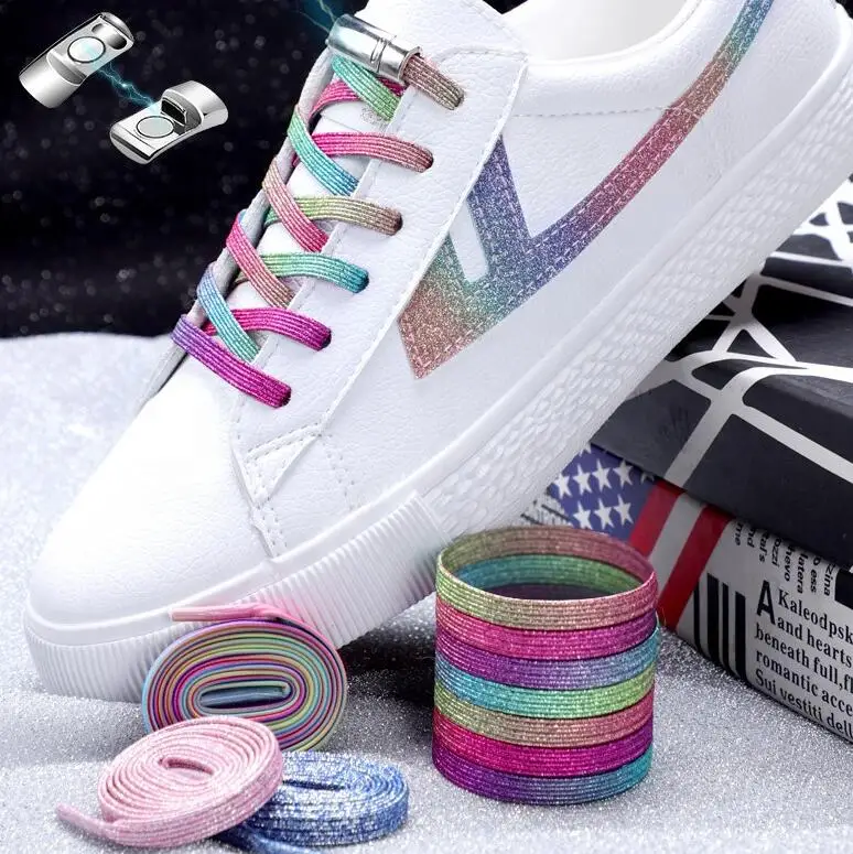 

Bulk Sale Shoe Lace Cheap Custom Fancy Metallic Gold Silver Glitter Rainbow Color Flat Shoelace For Sneaker With Plastic Tips