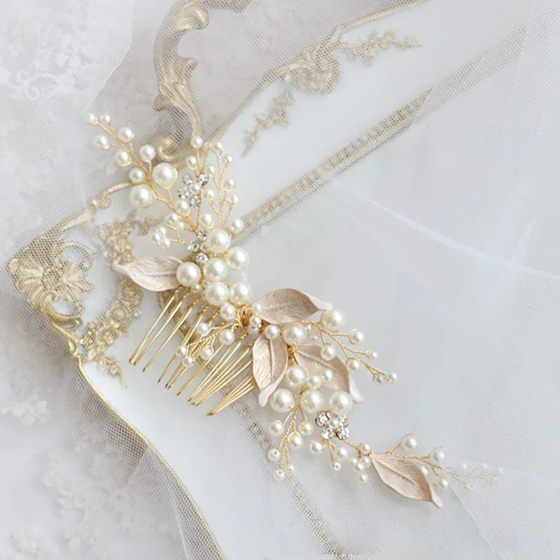 

SLBRIDAL Handmade Rhinestones Crystals Pearls Alloy Leaf Bridal Hair Comb Wedding Headpieces Hair accessories Women Jewelry
