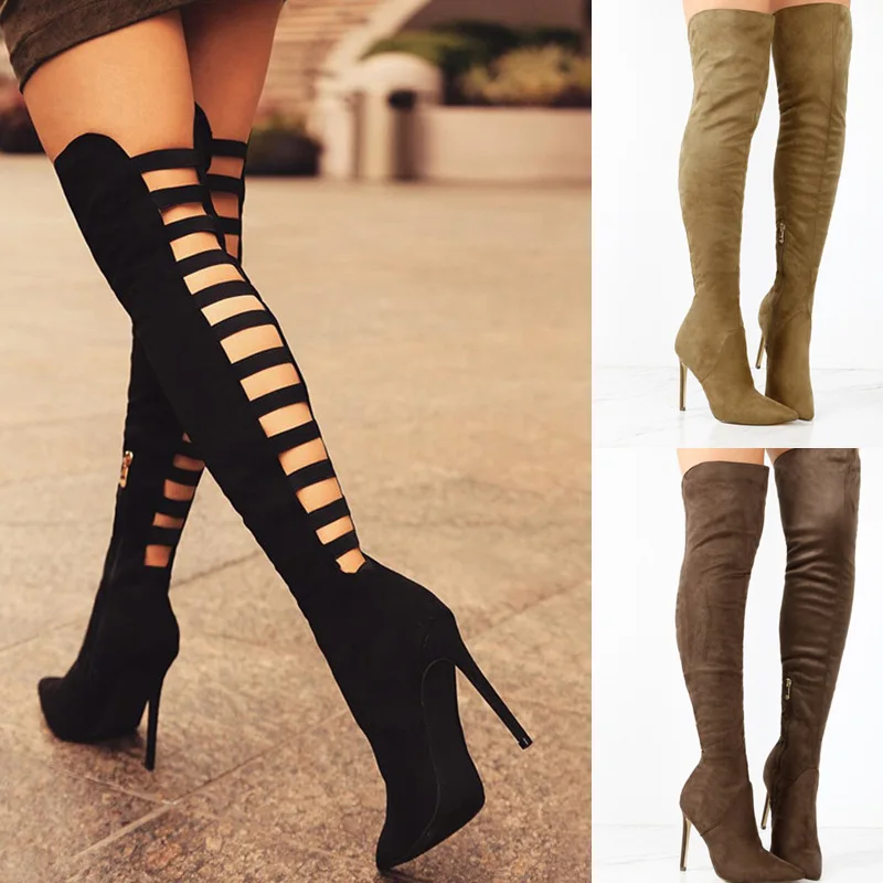 

Winter Fashion Suede Sexy Fashion Pointed Back Hollow High Leg Over The Knee Boots High Heel Plus Size Women's Boots