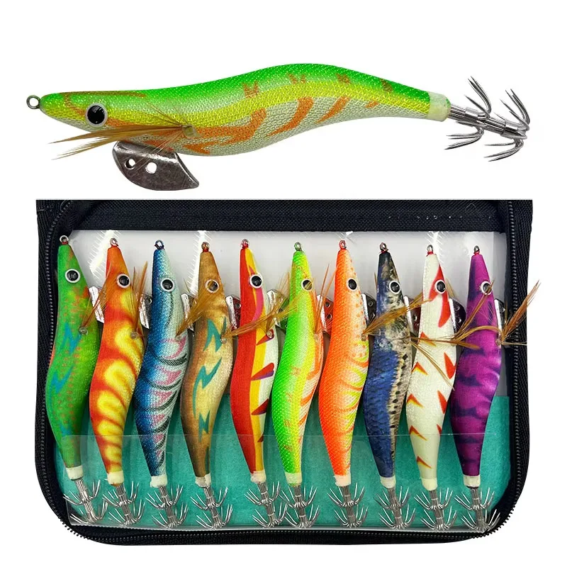 Topline 10PCS 3D Eyes Fishing Lure Hard Bait Squid Jig Lure with Bag Fishing Wood Shrimp Luminous Octopus Squid Jigs Lure