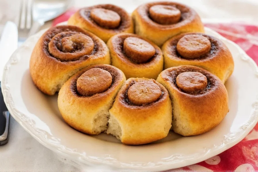 Finished wheat free cinnamon rolls with creamy frosting on a rustic wooden plate