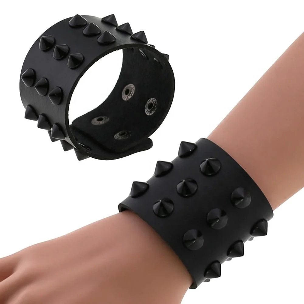 

Punk Gothic Rock Black Three Row Cuspidal Spikes Rivet Cone Stud Wide Leather Cuff Bracelet Wristbands Charm Unisex Bangle