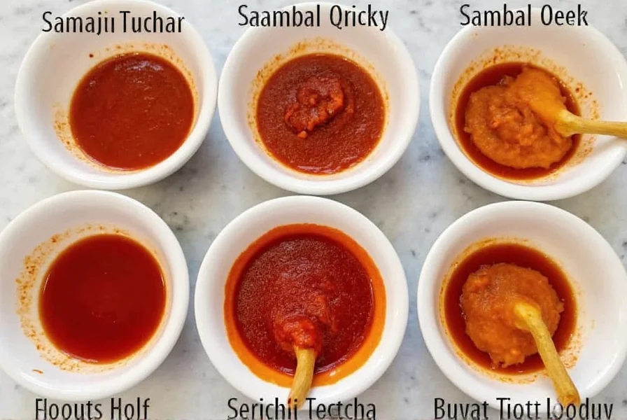 Close-up comparison of various chili paste substitutes including sriracha, sambal oelek, and homemade alternatives in small bowls