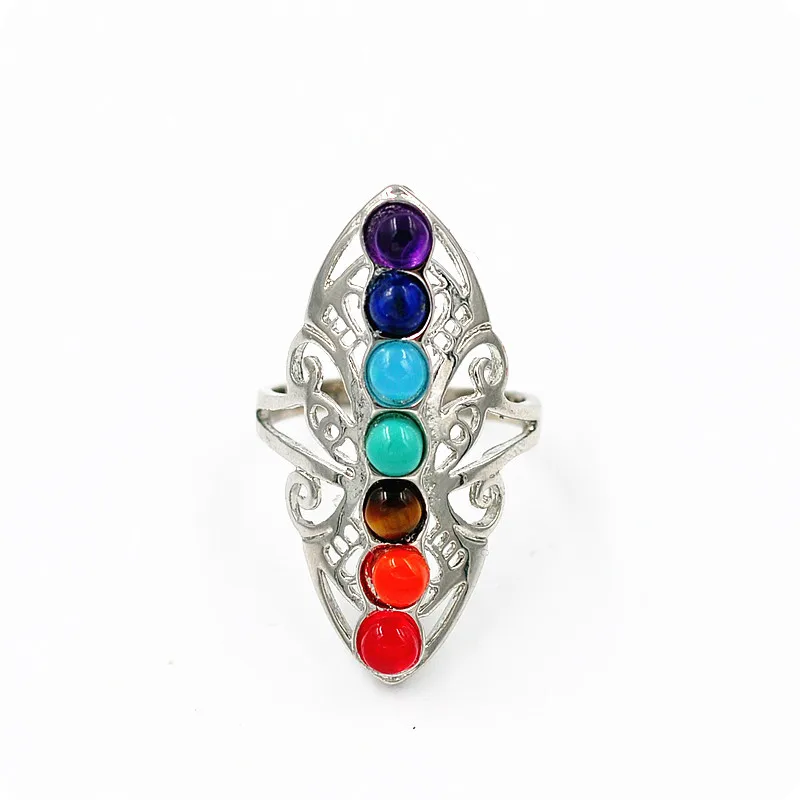 

Amazon Foreign Trade Seven Color Hollow Natural Stone Stainless Still Inlaid Crystal Gemstone Chakra Ring