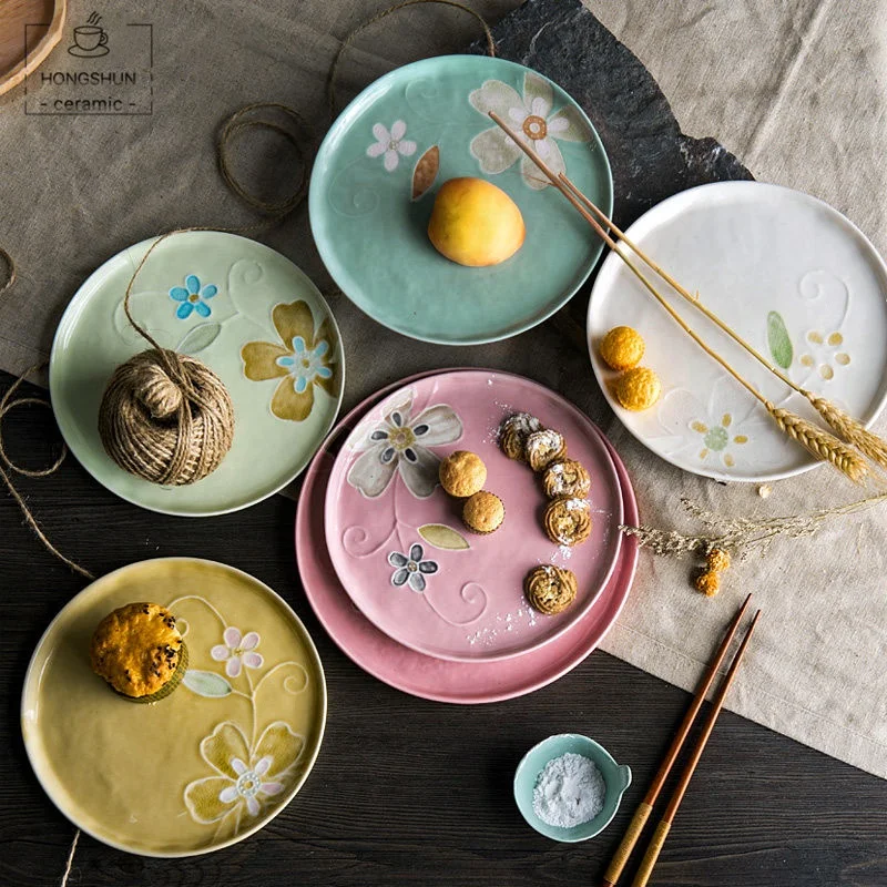 

Japanese Garden Ceramic Plate Hand-Painted Flowers Steak Plates Ceramic Dessert Plate, White