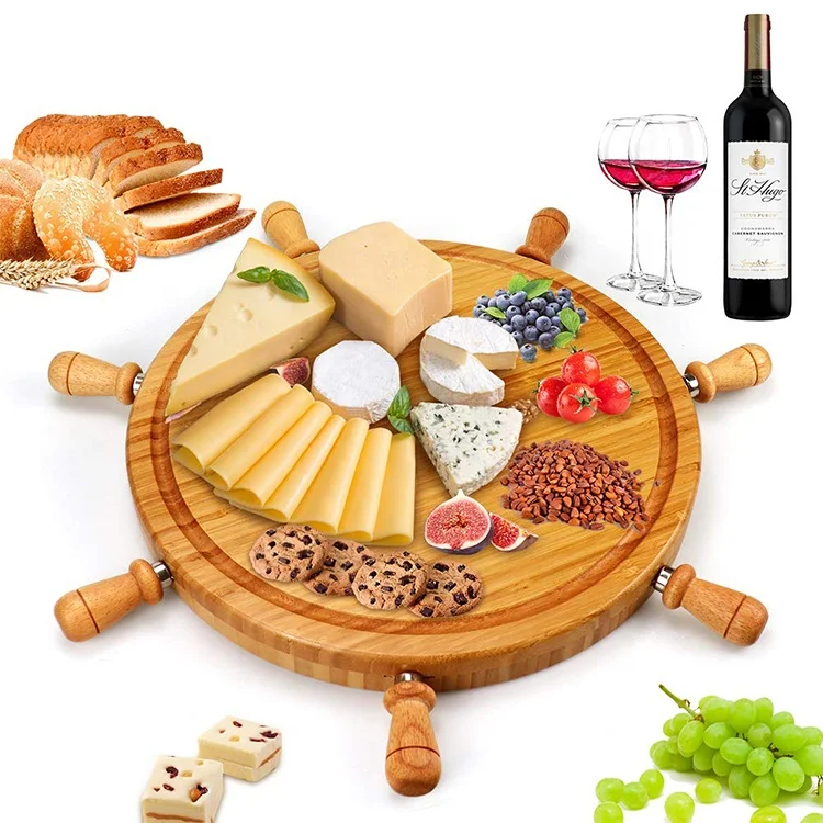 Unique Cheese Charcuterie Board,Natural Bamboo Cheese Tray Includes 6