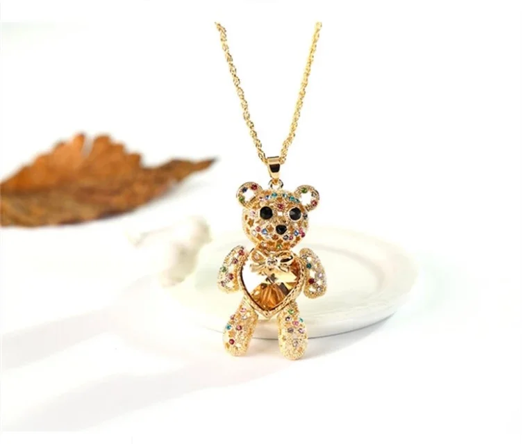 

Fashion Gold plated jewelry crystal love heart bling teddy bear necklaces for women, 5colors