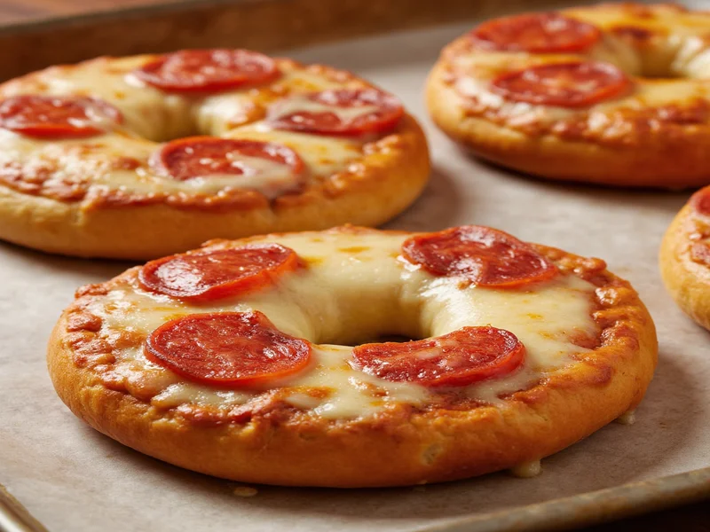 Homemade pizza bagels with melted cheese and pepperoni on baking sheet
