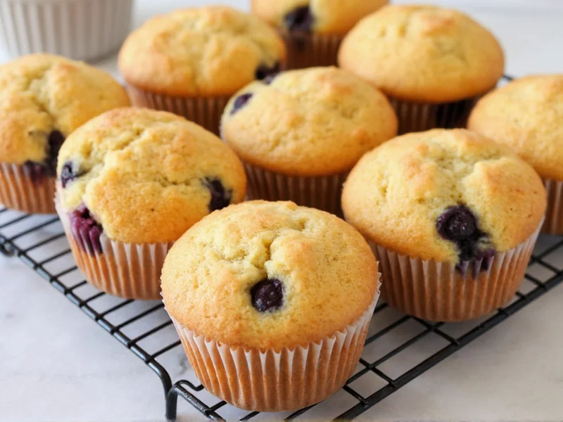 Golden brown homemade muffins with blueberries on cooling rack