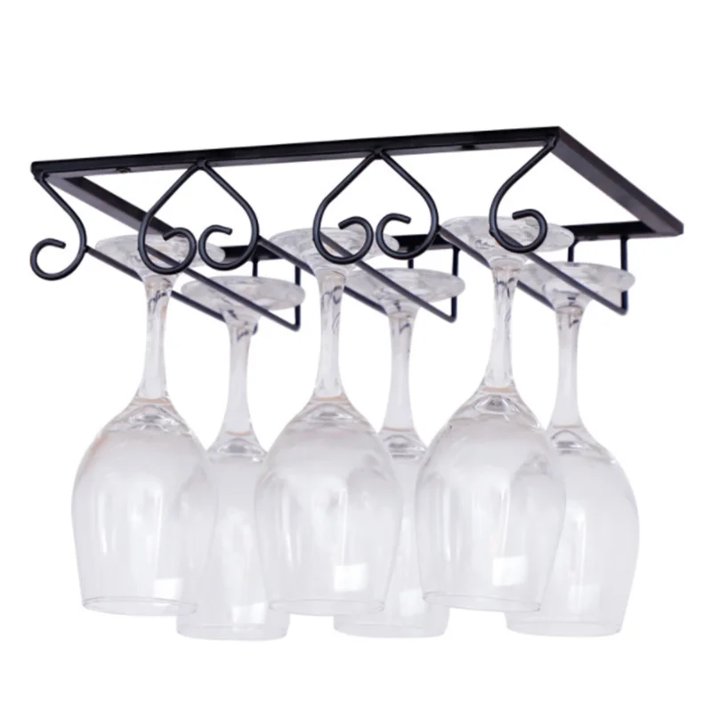 

Wine glass rack under cabinet hanging goblet wine glass holder 6 cups 3 slots black metal wine glass holder