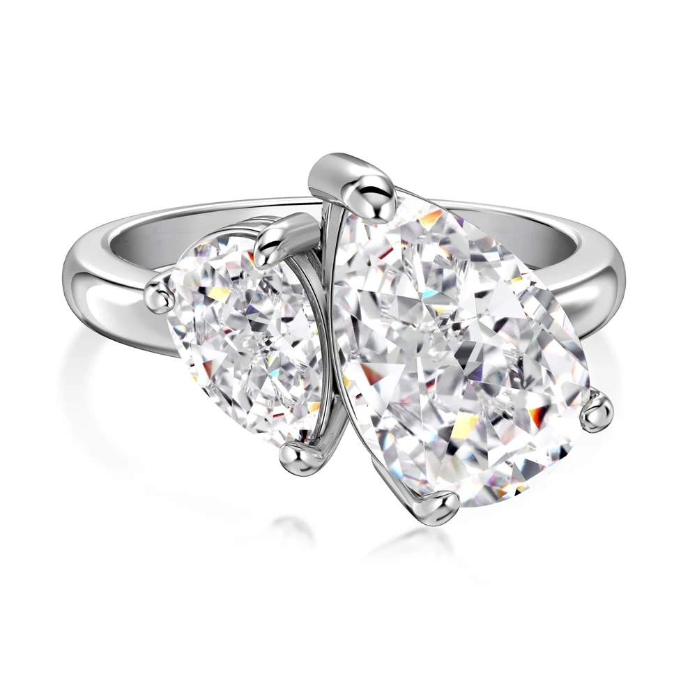 Dylam Classic Dainty Design 925 Sterling Silver Rhodium Plated Double Stone 8A Crushed Iced Out Cut Cubic Zirconia Jewelry Rings