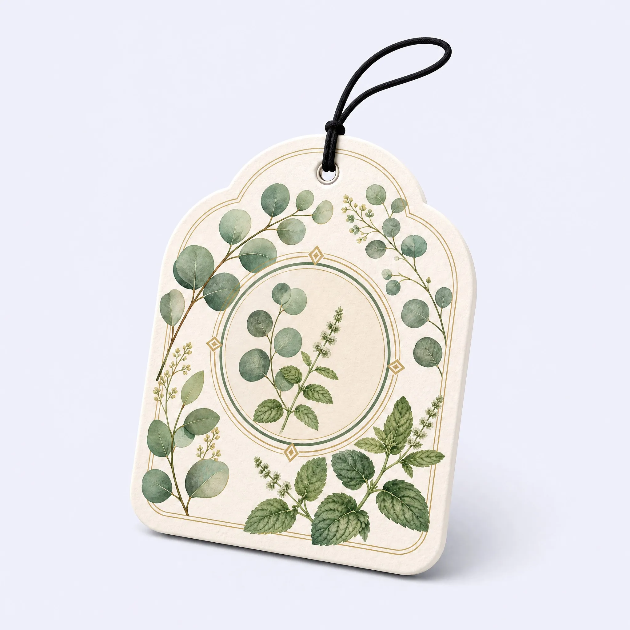 45-Degree Standing View of Arched Botanical Car Air Freshener Card