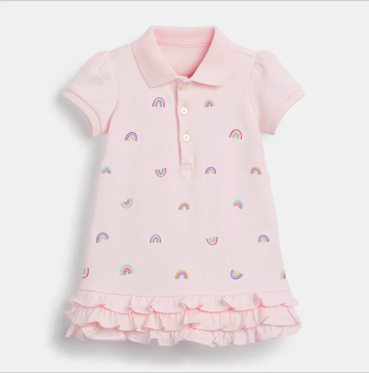 

CBM10406 100% Cotton Short Sleeve Polo rainbow print summer Kids baby Girls Princess Dresses Knitted Dress for girls