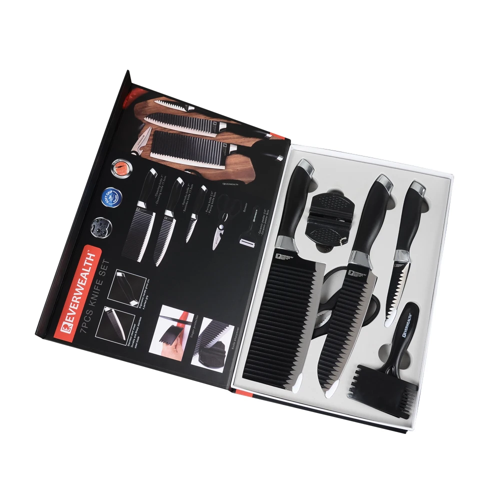 

Free Shipping scissors nakiri santoku peeler non stick blade 7pcs stainless steel kitchen black non stick knife set in gift box