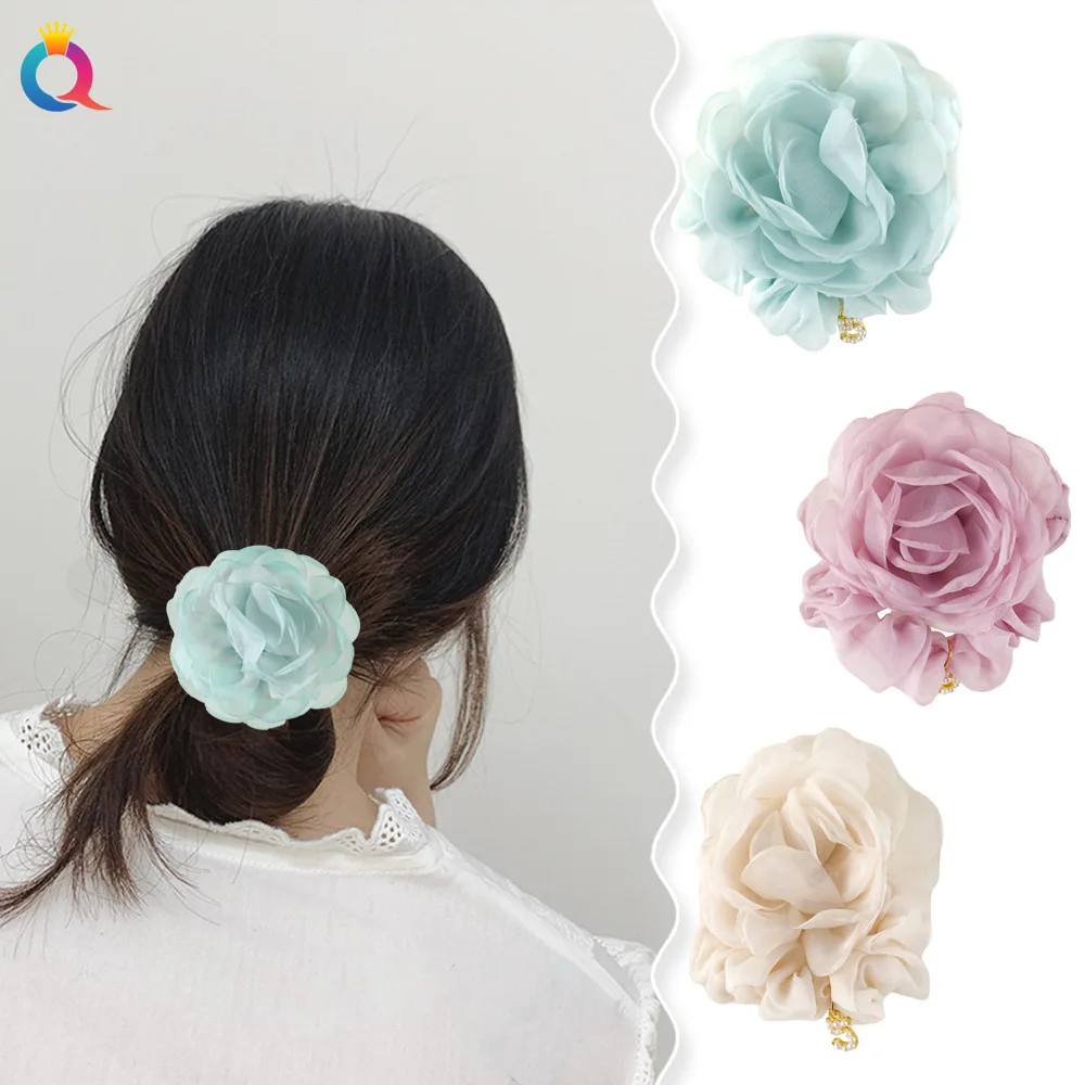 

soft chiffon hair tie scrunchies with peony flower scrunchy chouchou charming woman hair accessory