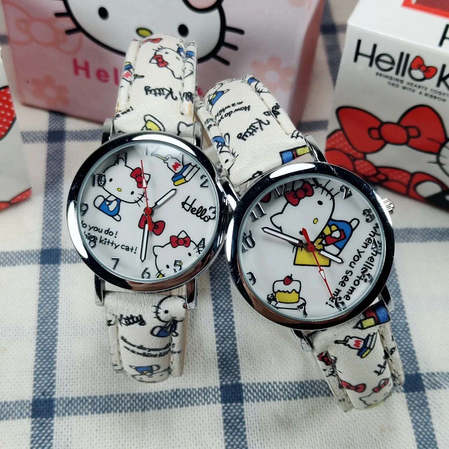 

Hello kitty White girl analog watch children cartoon Printed strap Leather Kid Quartz Watch china girl watch gift accessor