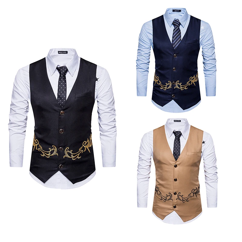 

Wholesale Fashionable floral embroidery business suit vest men waistcoat, Black, khaki, navy