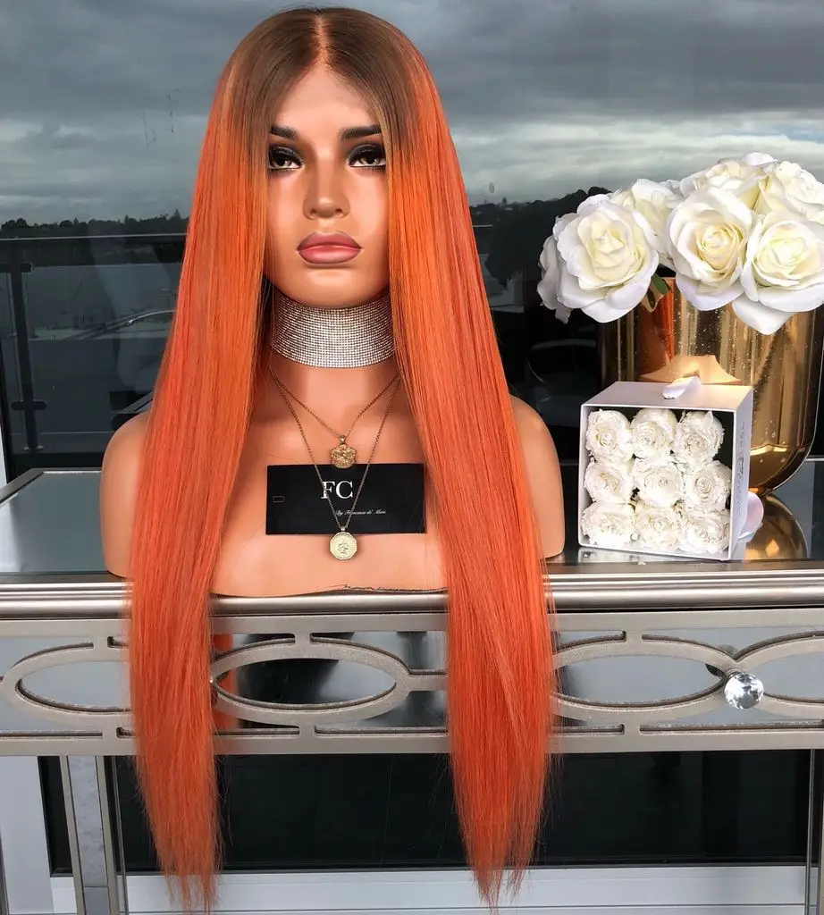 

Hot Sale 26 Inches Natural Orange Ombre Black Straight Wavy Heat Resistant Synthetic Hair Costume Wig
