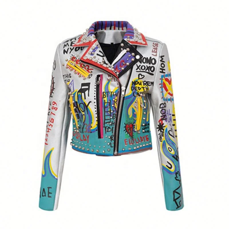 

VOOGUE Printed Contrast Color Motorcycle Leather Jacket Women's Short Coat Women's Slim Top, Customized color