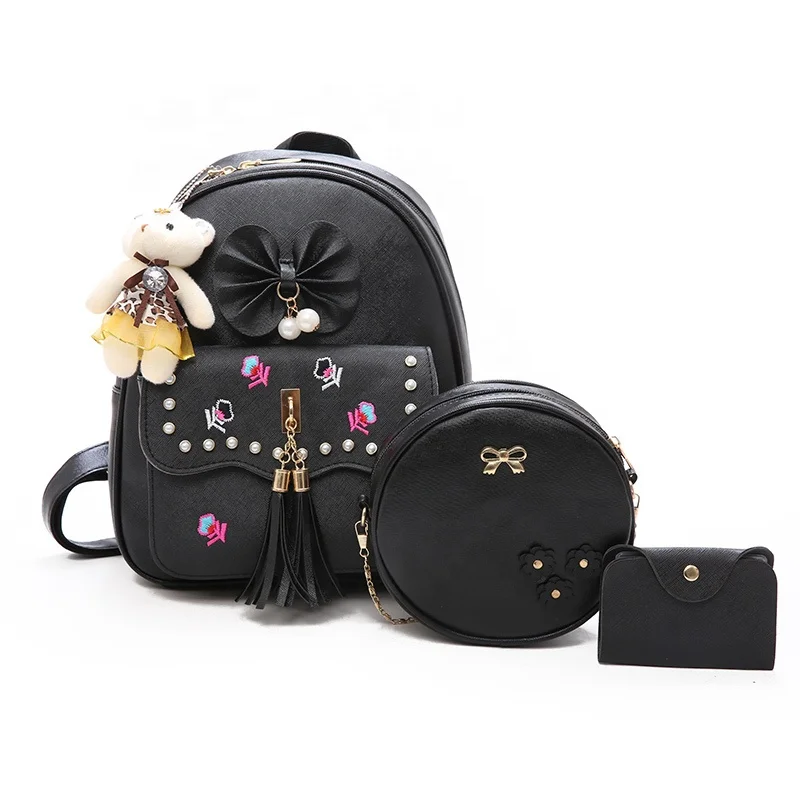 

Latest Fashion Wholesale women solid color Custom three-piece Design Lovely Pu backpack shoulder bags For Girls, Multi colors