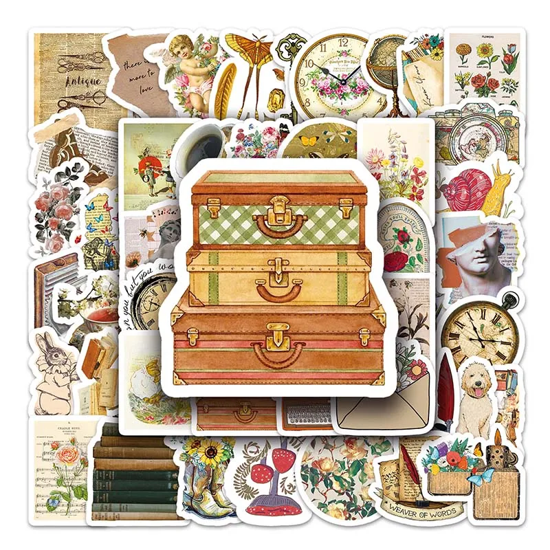 50PCS High Quality Cartoon Waterproof Retro Sticker Vinyl Kids Vintage Objects Stickers for Laptop Skateboard Phone