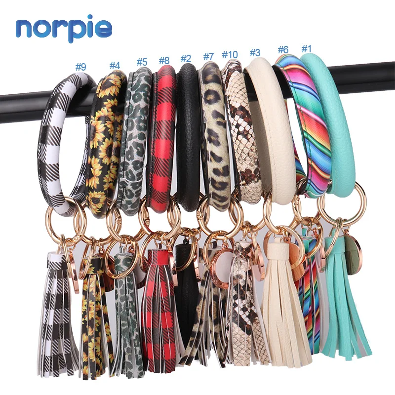 

New Arrival Tassel Keychain PU Leather Wristlet Key Holder Sublimation Tassel Bangle Bracelet, 10 colors