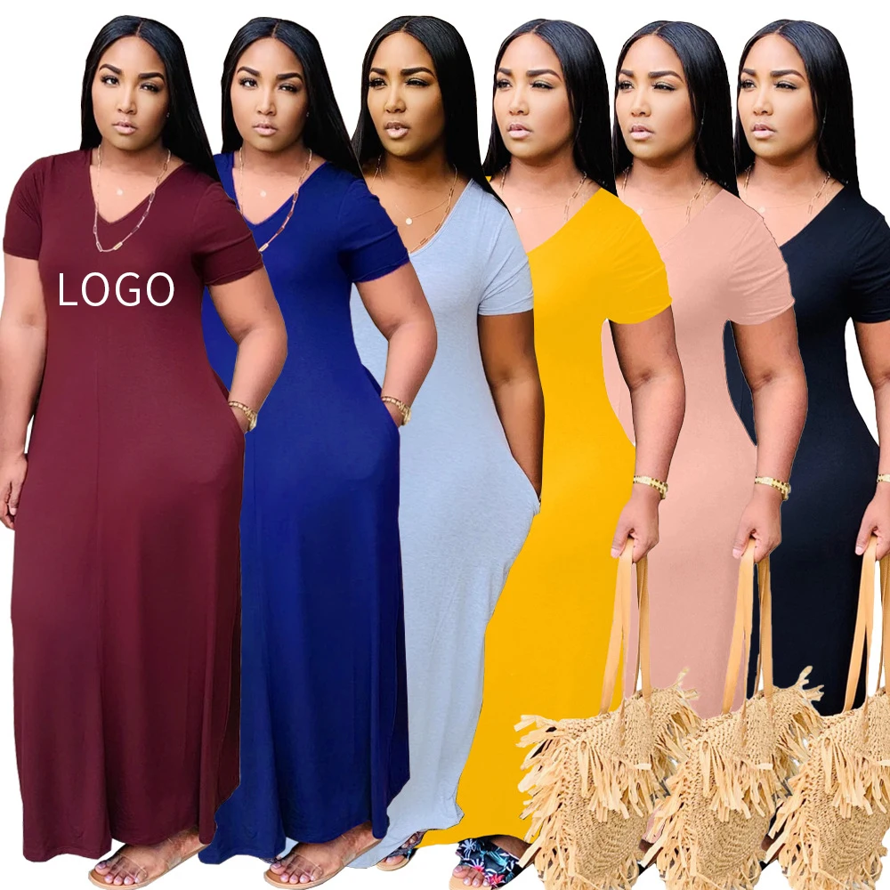 

Wholesale Casual Long Dress Plain Color Stretchy Ladies Plus Size Elegant Loose Clothes Summer Women maxi dress