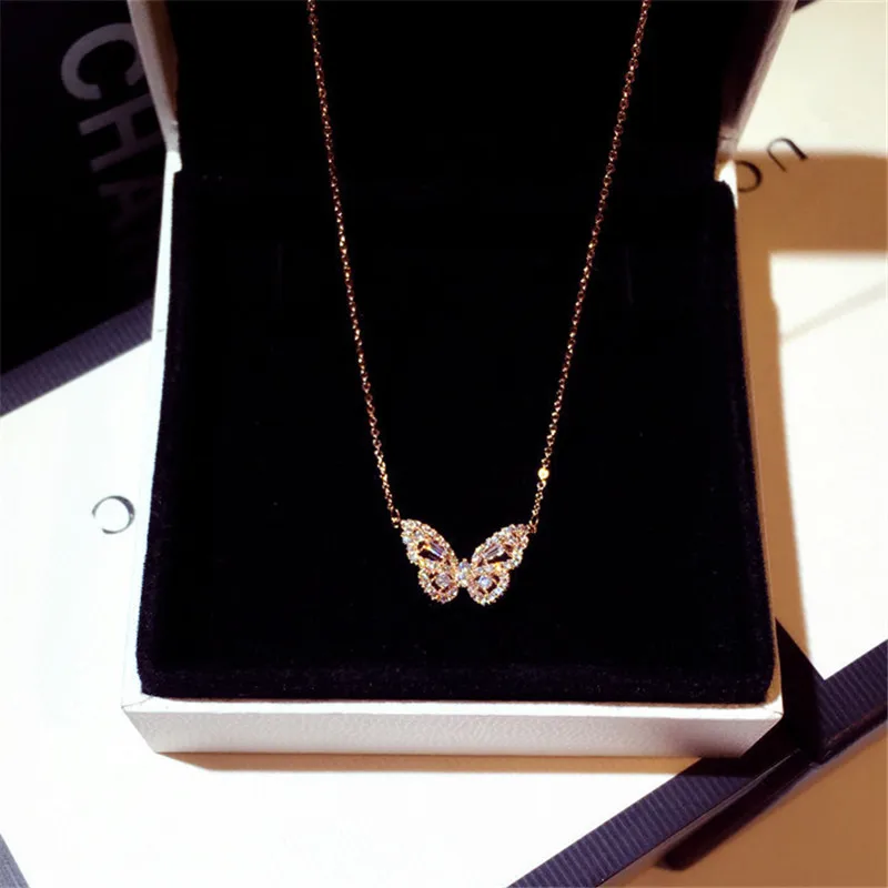 

WIIPU New Butterfly Pendant Necklace Zirconia Rose Gold Butterfly Design Pendant Clavicle Chain Jewelry Girl, White gold, rose gold