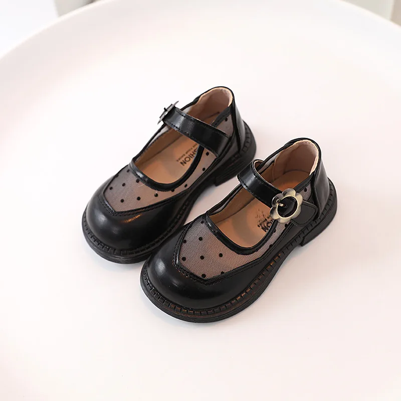 

2022 New Year's hot style children's leather casual shoes girls baby mesh small black dots fashion girls small leather shoes, Black/beige/brown