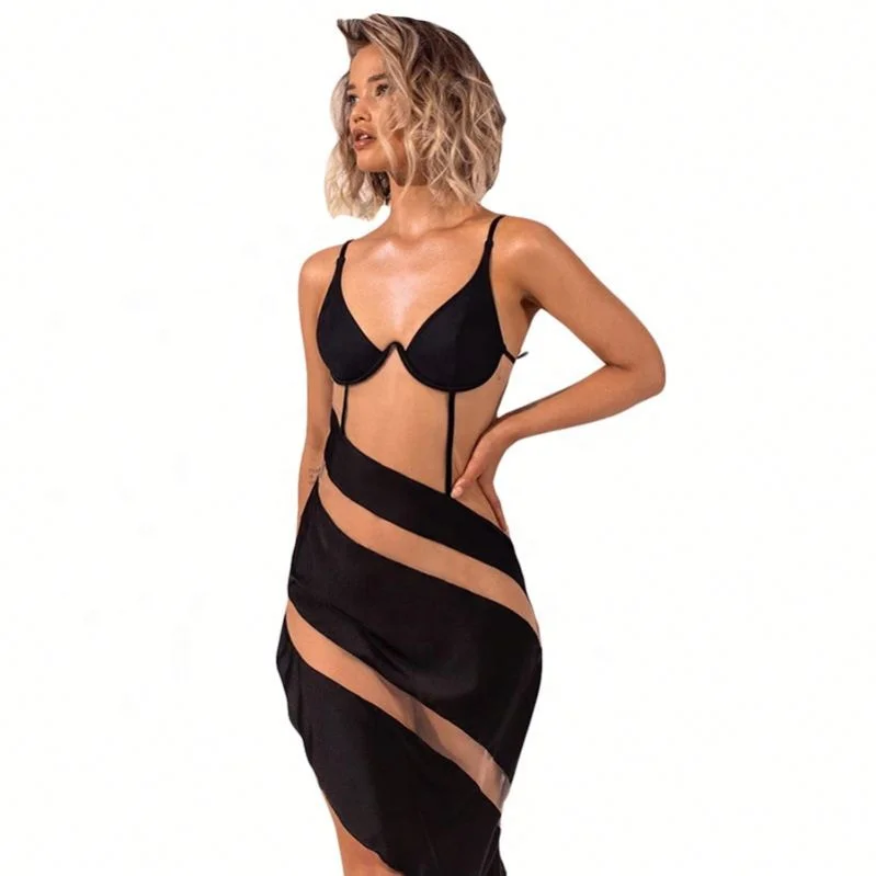 

Mesh Splice Sleeveless Bodycon Dress Women Club Dresses, Black