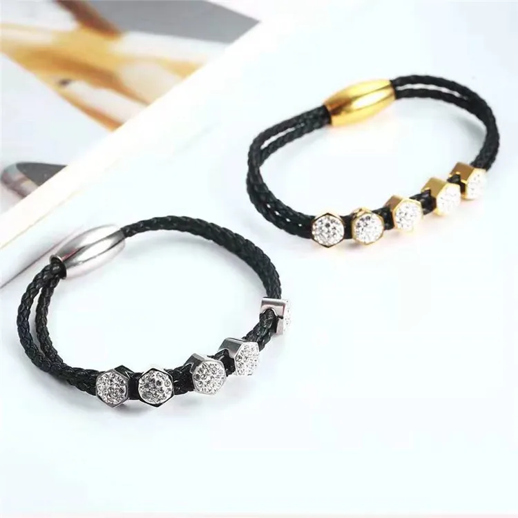 

Hot Sales Stainless Steel Leather Magnetic Bracelet Wholesale, Gold/silver