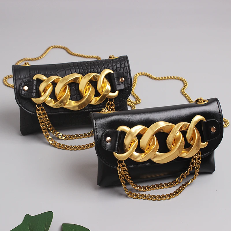 

Hot Selling mini small designer ladies women metal gold chain crocodile pattern leather belt women's fanny pack waist bag