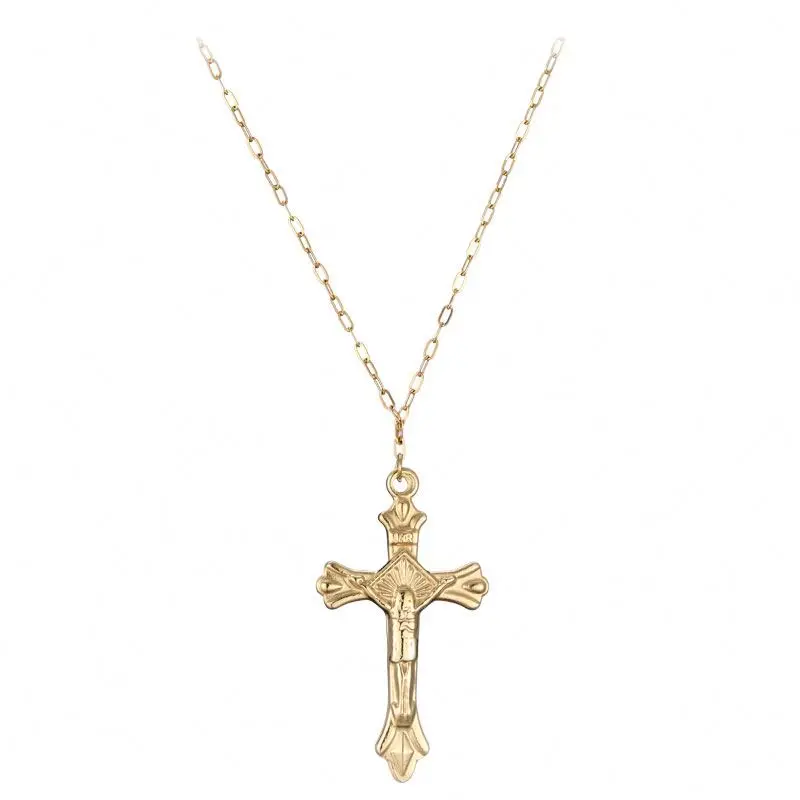 

Ladies Vintage Christian Gold Plated Stainless Steel Jesus Cross Pendant Necklace, Gold color