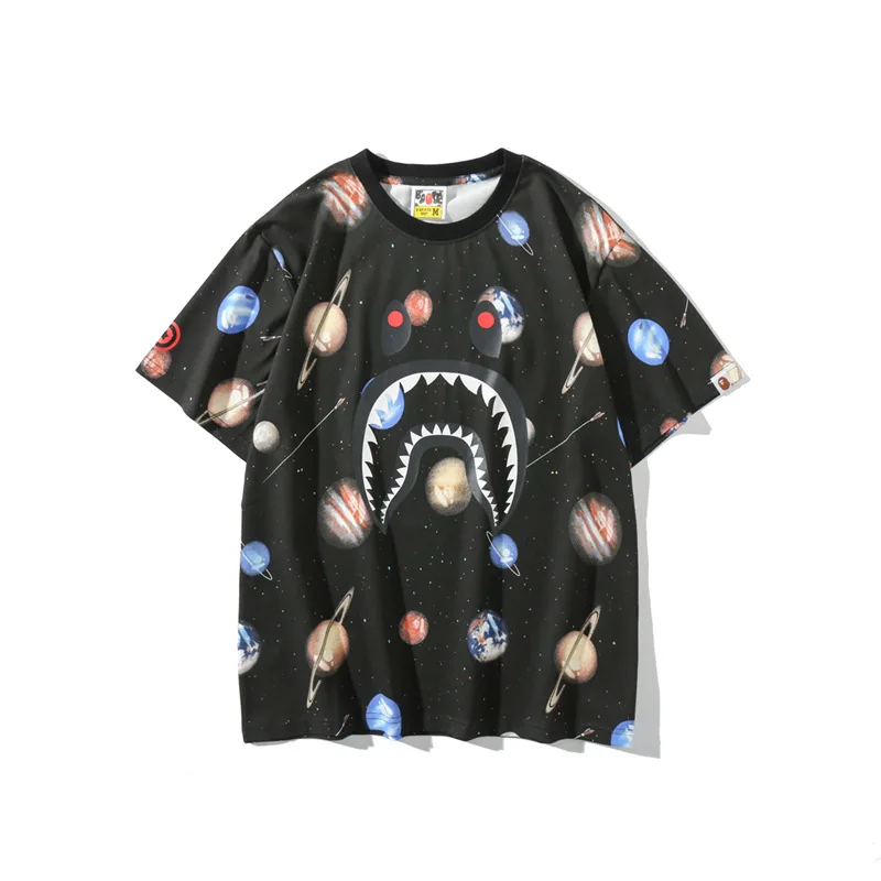 

2021 new summer bape shark head planet limited T-shirt cartoon anime top hip-hop casual loose short-sleeved men tee, White black