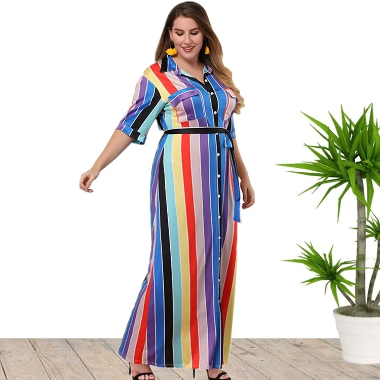 

Plus Size Turndown Collar Striped Maxi Long Dress For Women Wholesale