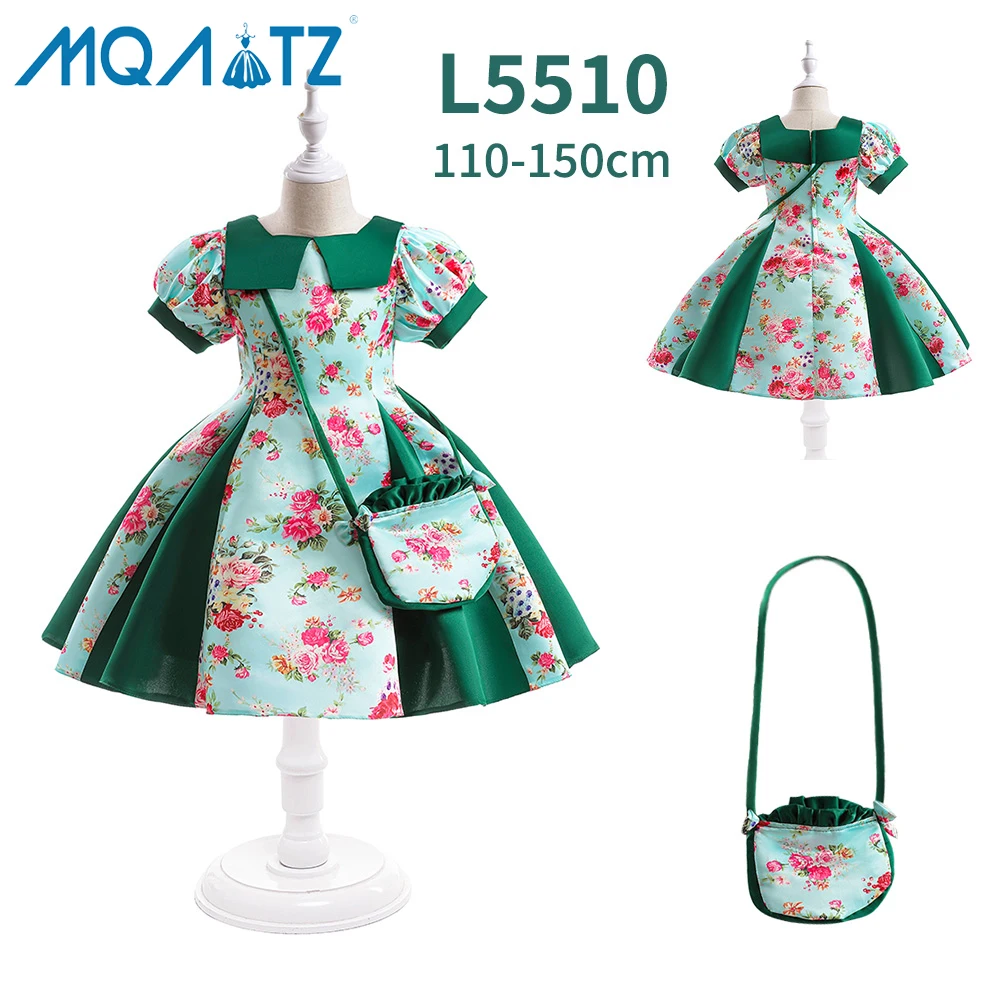 

MQATZ New Arrivals Short Sleeve Girls Party Birthday Flower Printed Dresses With Bag Dresses For Baby Girls