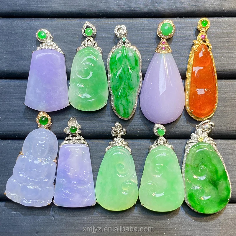 

18K Gold Diamond Pendant A Grade Jadeite Ruyi Guanyin White Gold Green Purple Jade Buddha Pendant Necklace